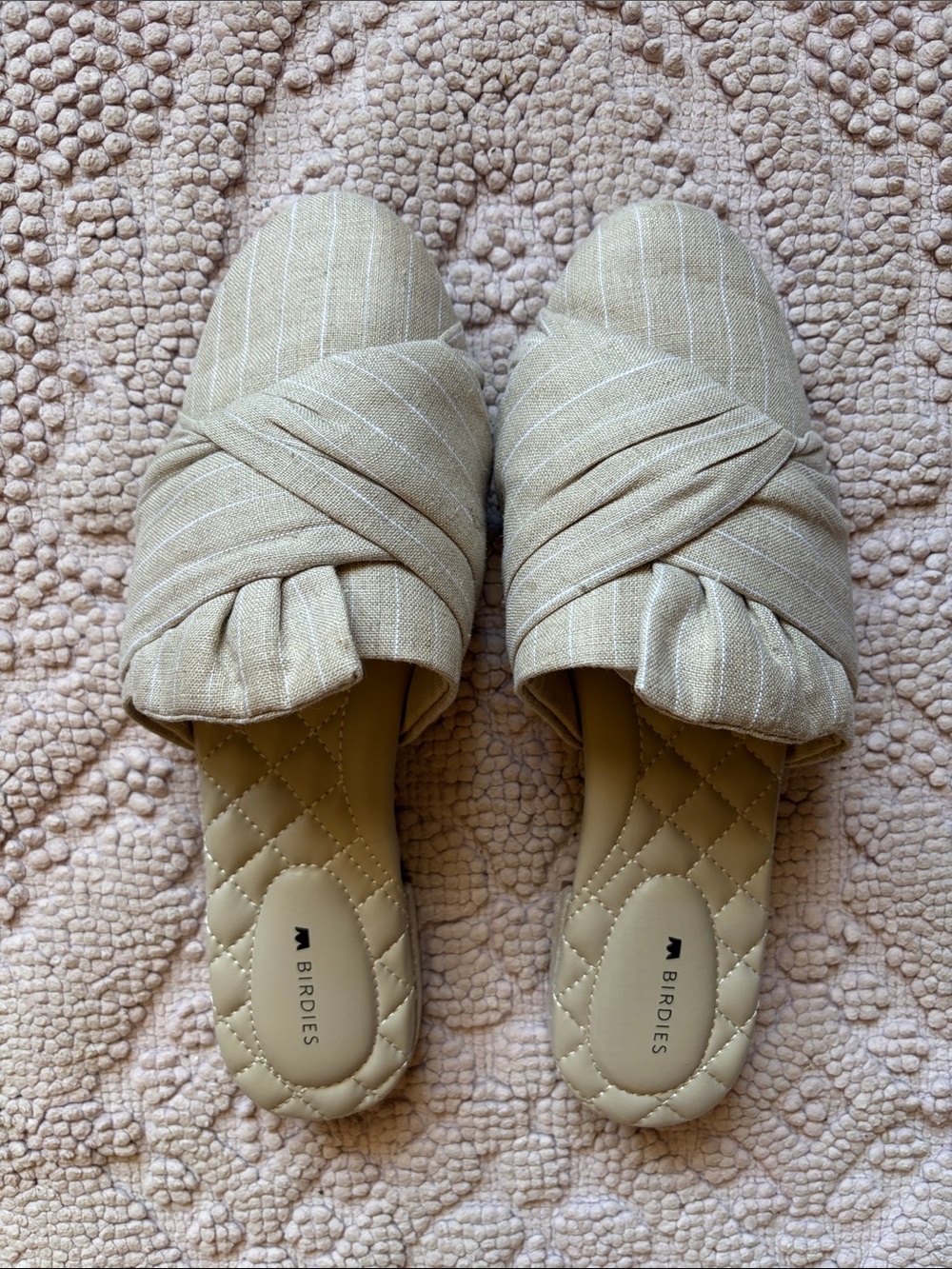 Birdies The Songbird Linen Stripe Mule Slides Natural Stripe Size 7.5